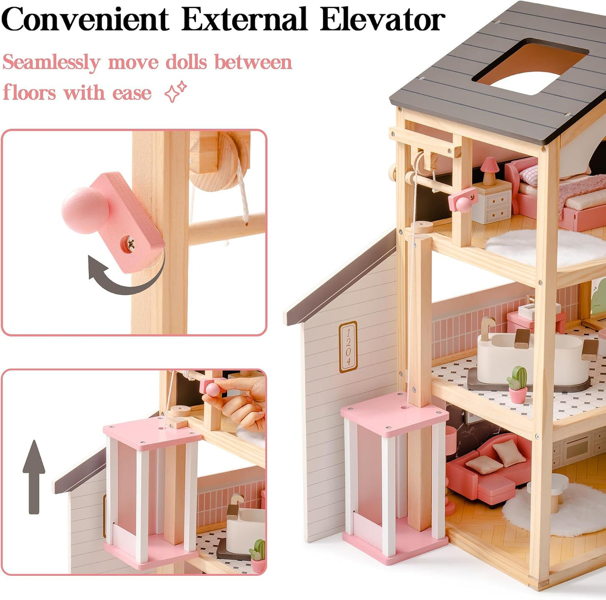 ROBUD Casa de Muñecas, Casa de Muñecas de Madera con 6 Habitaciones, Set de Muebles de 29 Piezas, Ascensor Funcional, Garaje, Piscina, Regalo Ideal para Niños de 3+ Años (Negro)