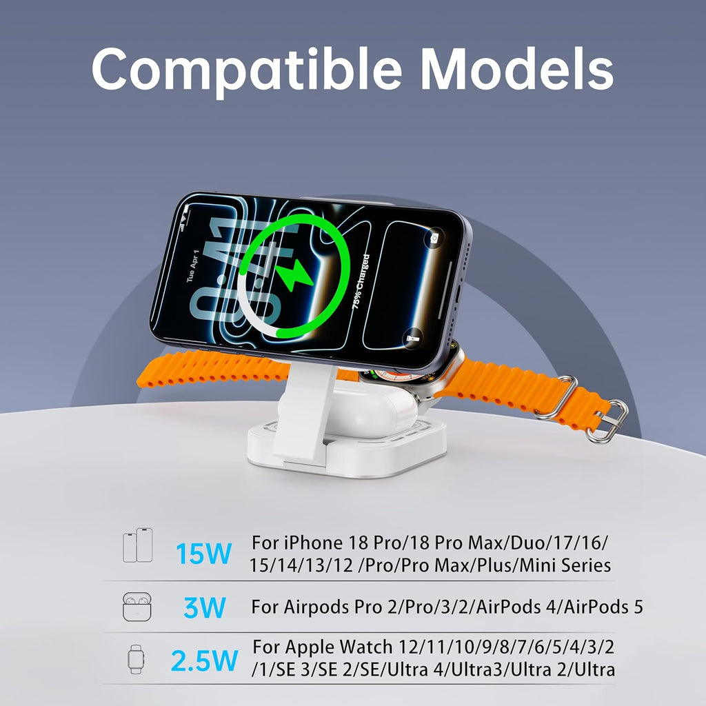 Mini estación de carga plegable 3 en 1 para dispositivos Apple, soporte de cargador inalámbrico para Magsafe para iPhone 17/Air/16/15/14/13/12, serie Apple Watch, AirPods pro/2/3/4, regalos para