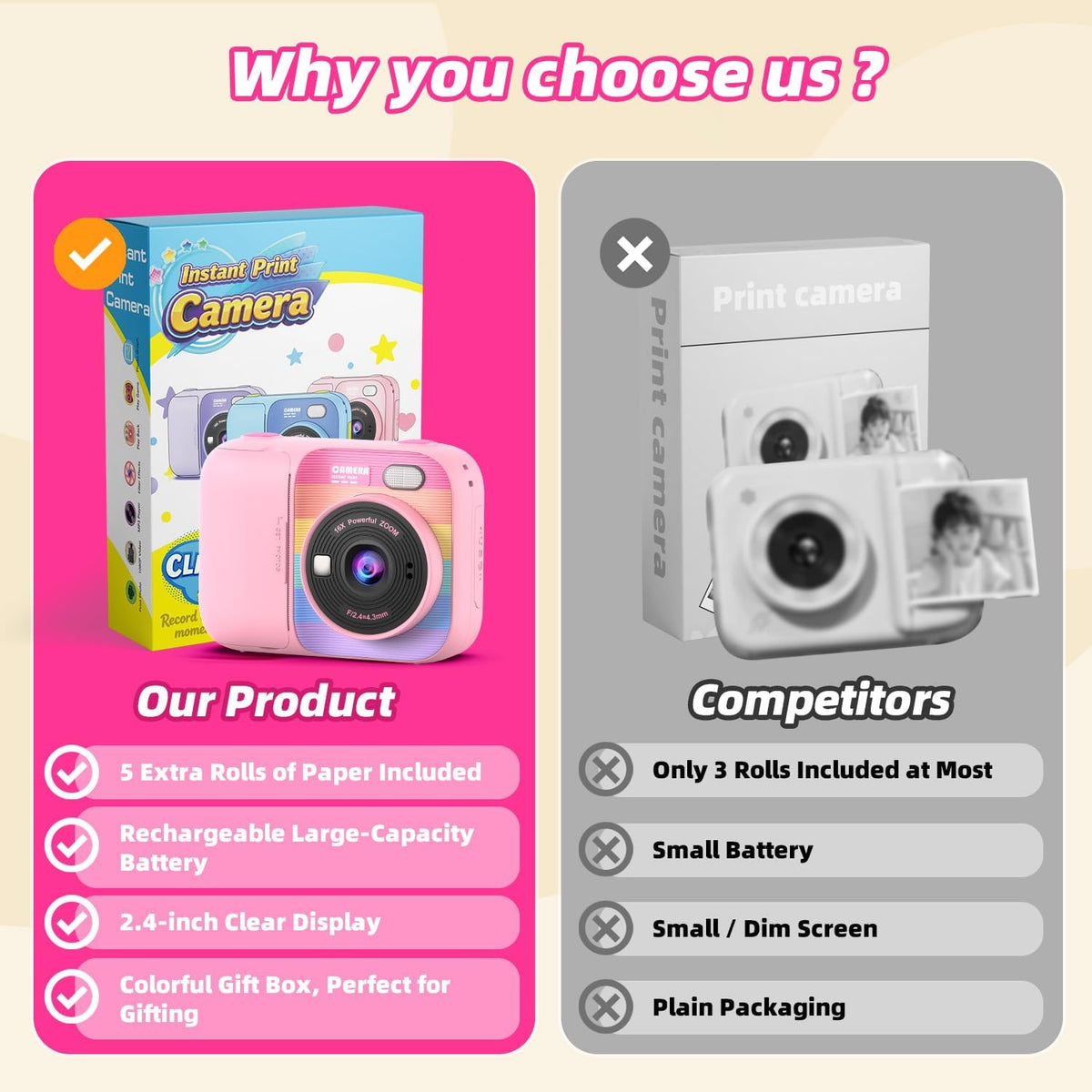 Cámara de impresión instantánea para niños con 5 rollos de papel de impresión, cámara HD 1080P, cámara portátil recargable para selfies, regalos de cumpleaños de Navidad, juguetes para niños y niñas