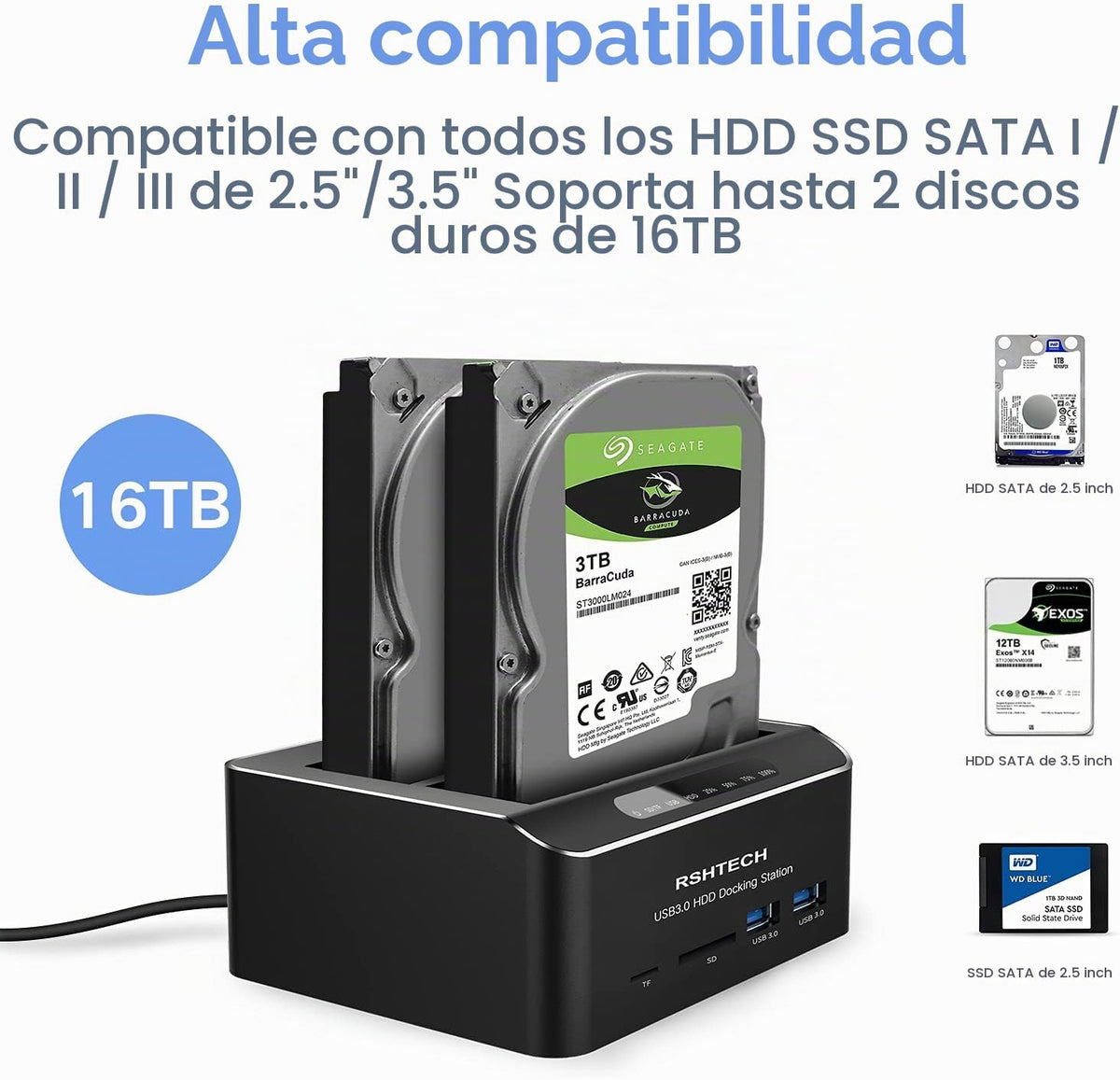 RSHTECH Estación de acoplamiento para disco duro, base SATA de doble bahía