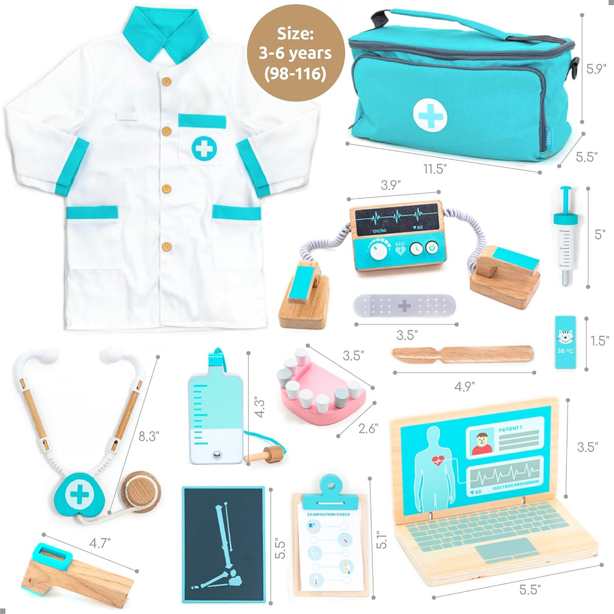 UMU® Juego de madera de lujo para doctor – 37 piezas de simulación de kit médico con estetoscopio dentista herramientas portátil y accesorios – Juguete de juego de rol médico para niños de 3 4 5 6 años