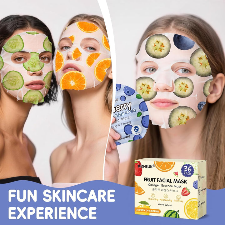 KONEUK Paquete de 36 mascarillas faciales de frutas coloridas, hidr...