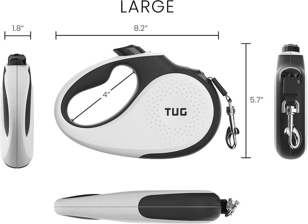 TUG - Correa retráctil 360º para perros, libre de enredos, mango antideslizante, nailon resistente de 16 pies, freno de una sola mano, pausa y bloqueo (grande, blanco)