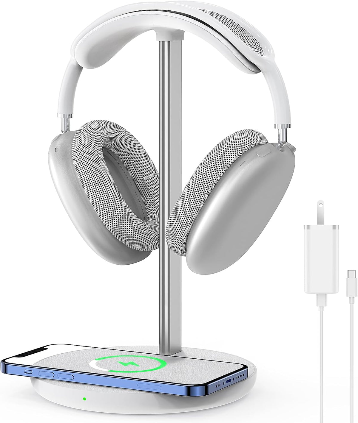 Soporte para auriculares con cargador inalámbrico, soporte colgador para auriculares gaming, estación de carga inalámbrica 2 en 1 para iPhone 15/14/13/12/11 Series, AirPods Pro/3/2 y todos los