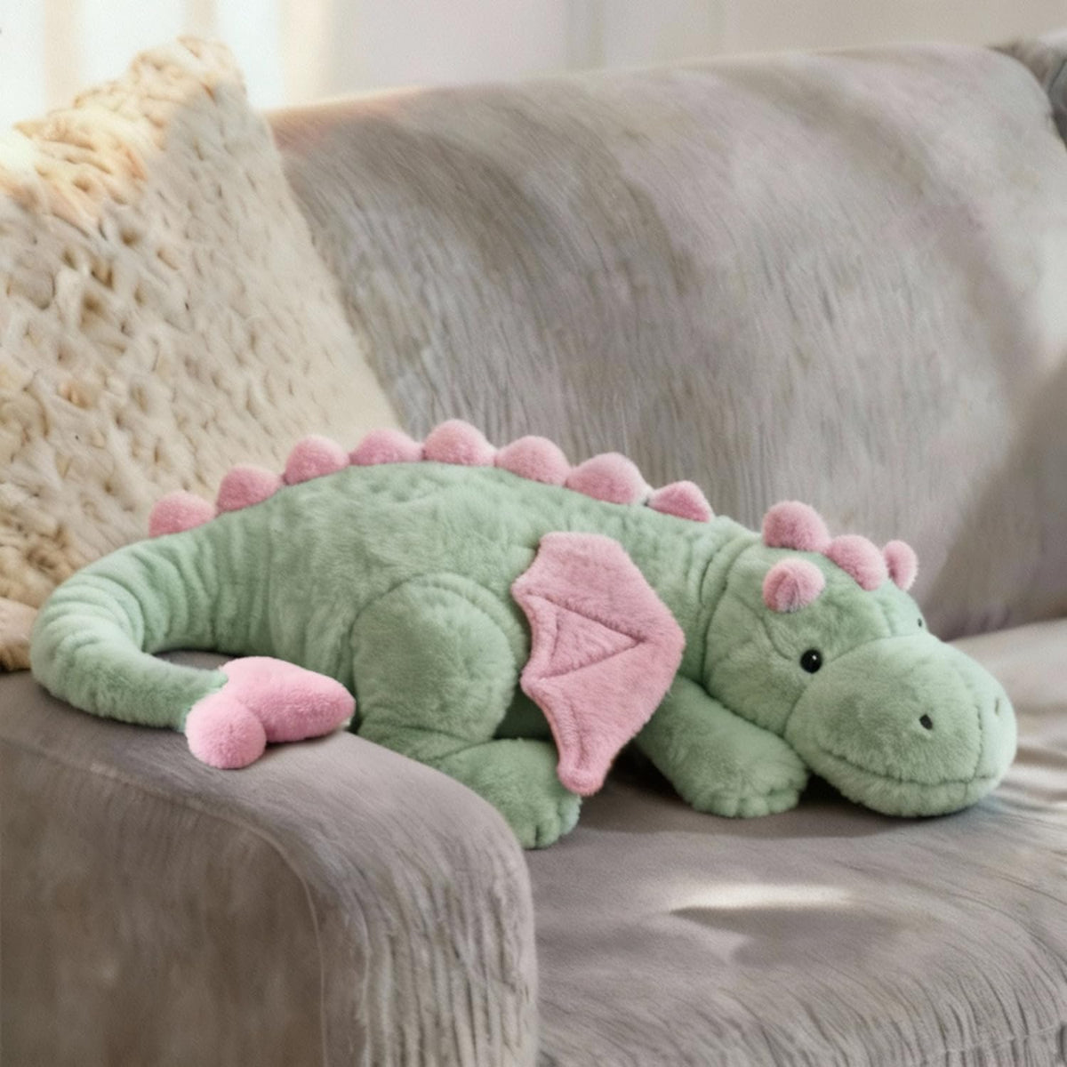 ARELUX - Lindo dragón grande de 50 pulgadas, suave peluche de pterosaurio verde matcha, almohada gigante de dinosaurio mullido con alas rosadas para amigos, miembros de la familia
