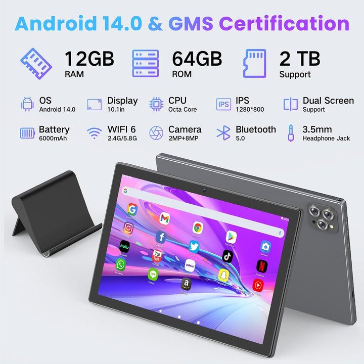 FIEKVE Tableta Android 14 de 10.1 pulgadas para adultos, Octa-Core,...