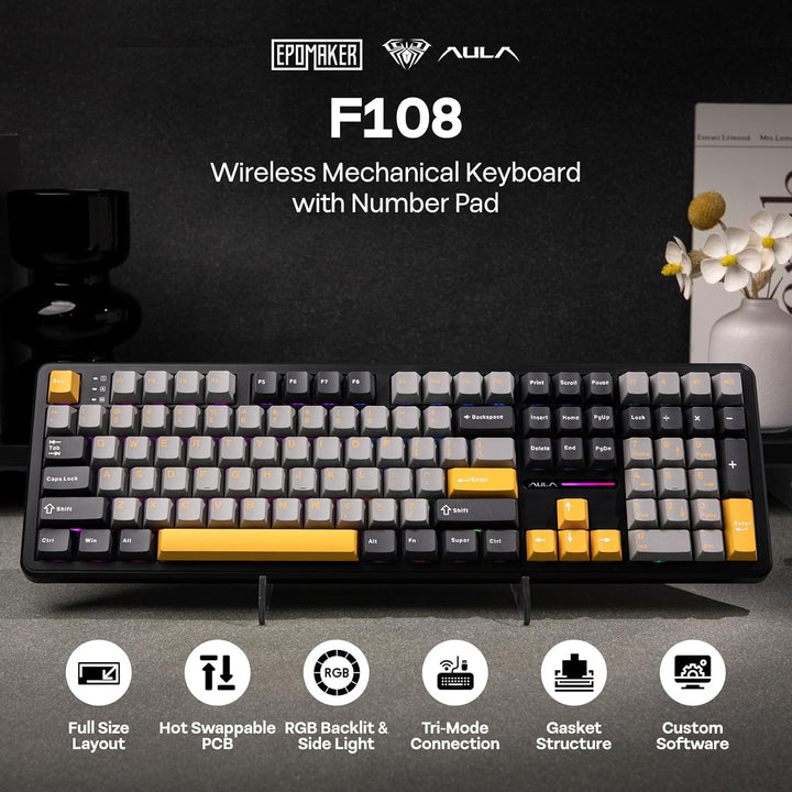 EPOMAKER Aula F108 - Teclado inalámbrico para juegos, teclado mecán...