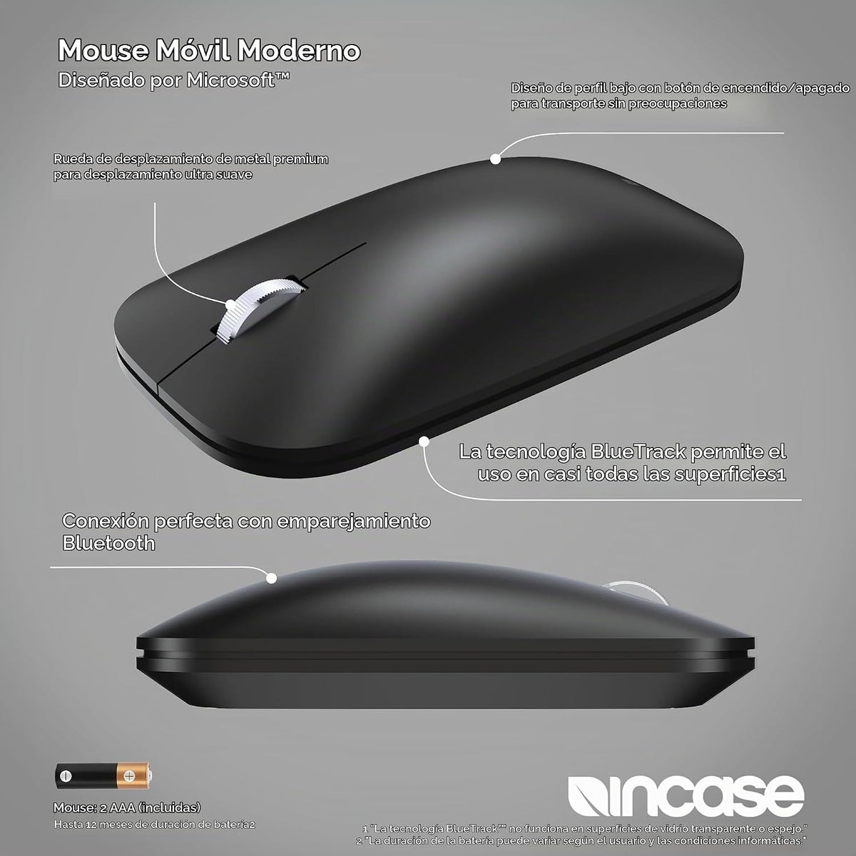 Incase Ratón móvil moderno diseñado por Microsoft, inalámbrico, negro