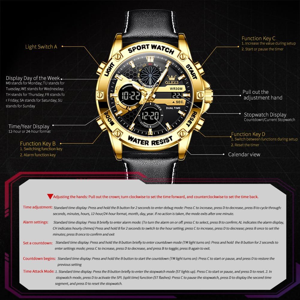 OLEVS Relojes para Hombre Moda Fecha Regalo Cronógrafo Reloj para Hombre Gran Negocio Digital Calendario Resistente al Agua Reloj de Muñeca para Hombre