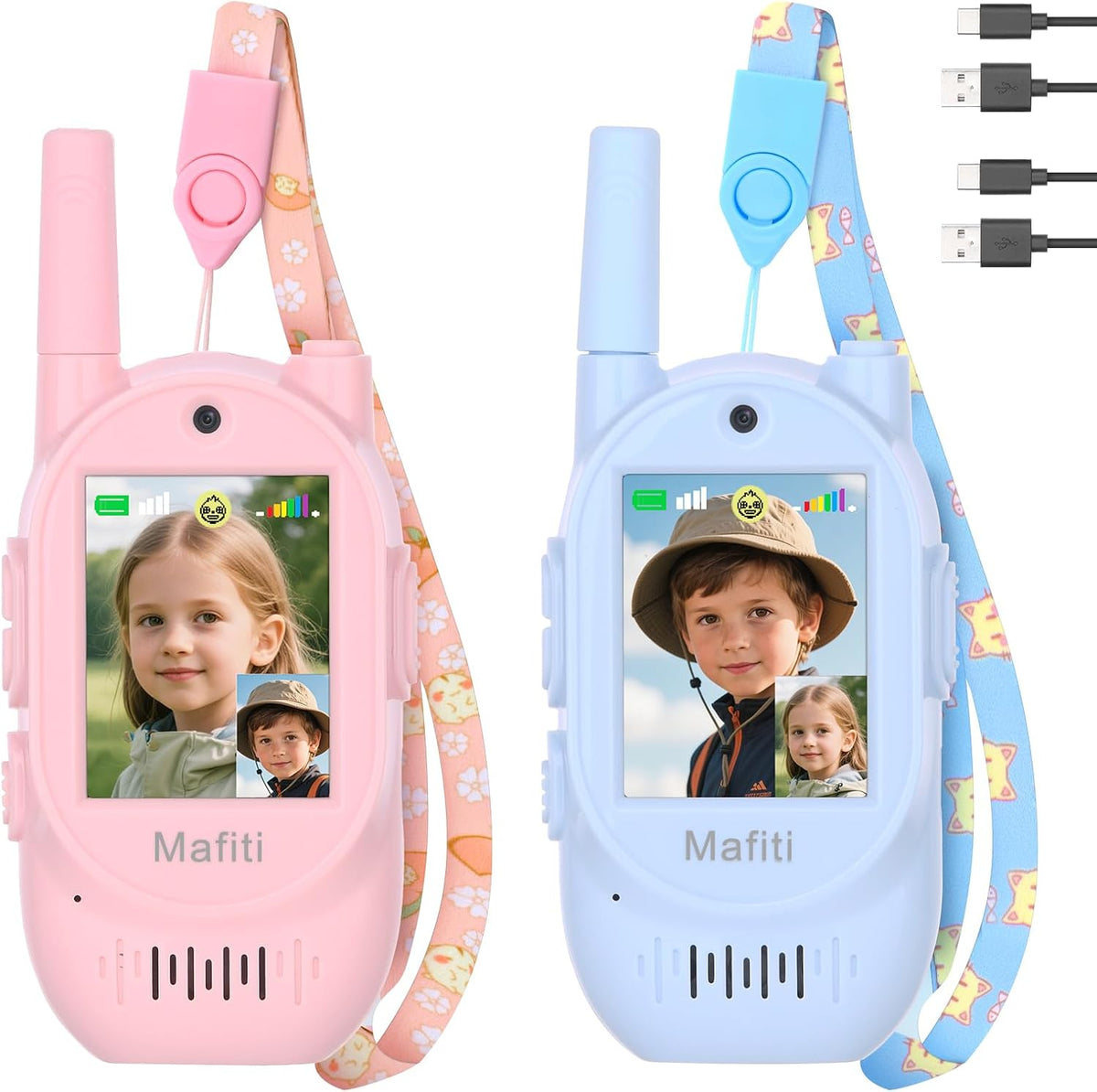 Mafiti Walkie Talkies de video para niños, paquete de 2 juguetes recargables de 1000 pies de largo alcance, regalos de cumpleaños para niños y niñas de 3, 4, 5, 6, 7, 8 años (azul + rosa)