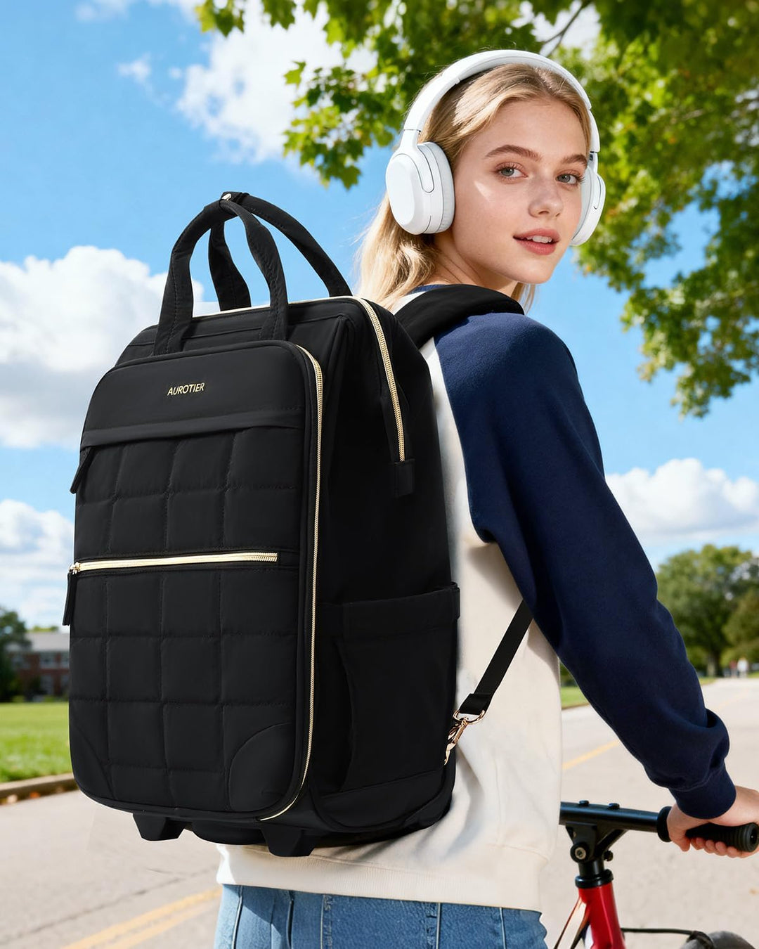 AUROTIER Mochila con ruedas tipo puffer para mujeres, mochila con r...