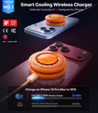 TORRAS PolarCircle Cargador inalámbrico Qi2.2 de 25W, almohadilla magnética refrigerada para iPhone 17/16, cargador inalámbrico para Samsung Galaxy S26/S25 con soporte giratorio 360°, enfriador de juego semiconductor, con adaptador IceNano de 45W