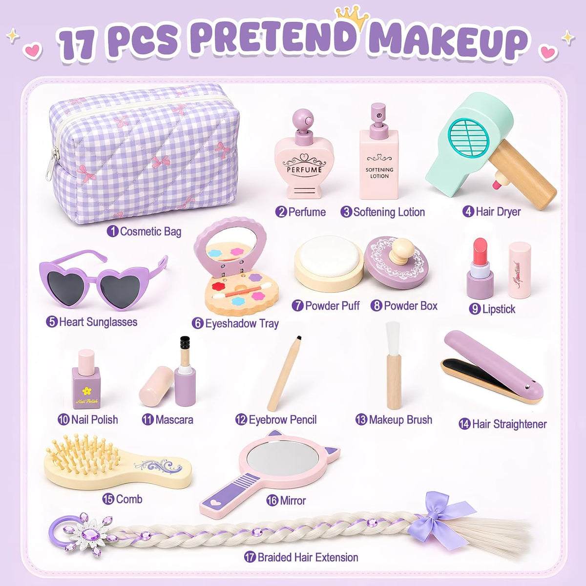 Set de Maquillaje de Madera para Jugar de 3 a 5 Años con Trenza de Princesa y Cierre