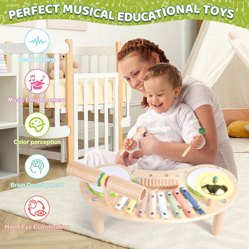 Asweets Juego de batería 7 en 1 para niños pequeños, xilófono de madera, kit de instrumentos musicales, juego para niños pequeños, juego de batería para bebés, juguetes Montessori, juguetes