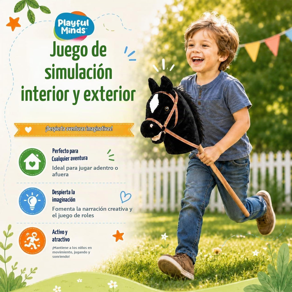 Nature Bound Caballo de palo | Caballo en un palo con efectos de sonido – Poni de peluche hecho a mano para niños pequeños y niños | Mango de madera resistente cosido a mano | Juguete de caballo de juego de simulación (negro)