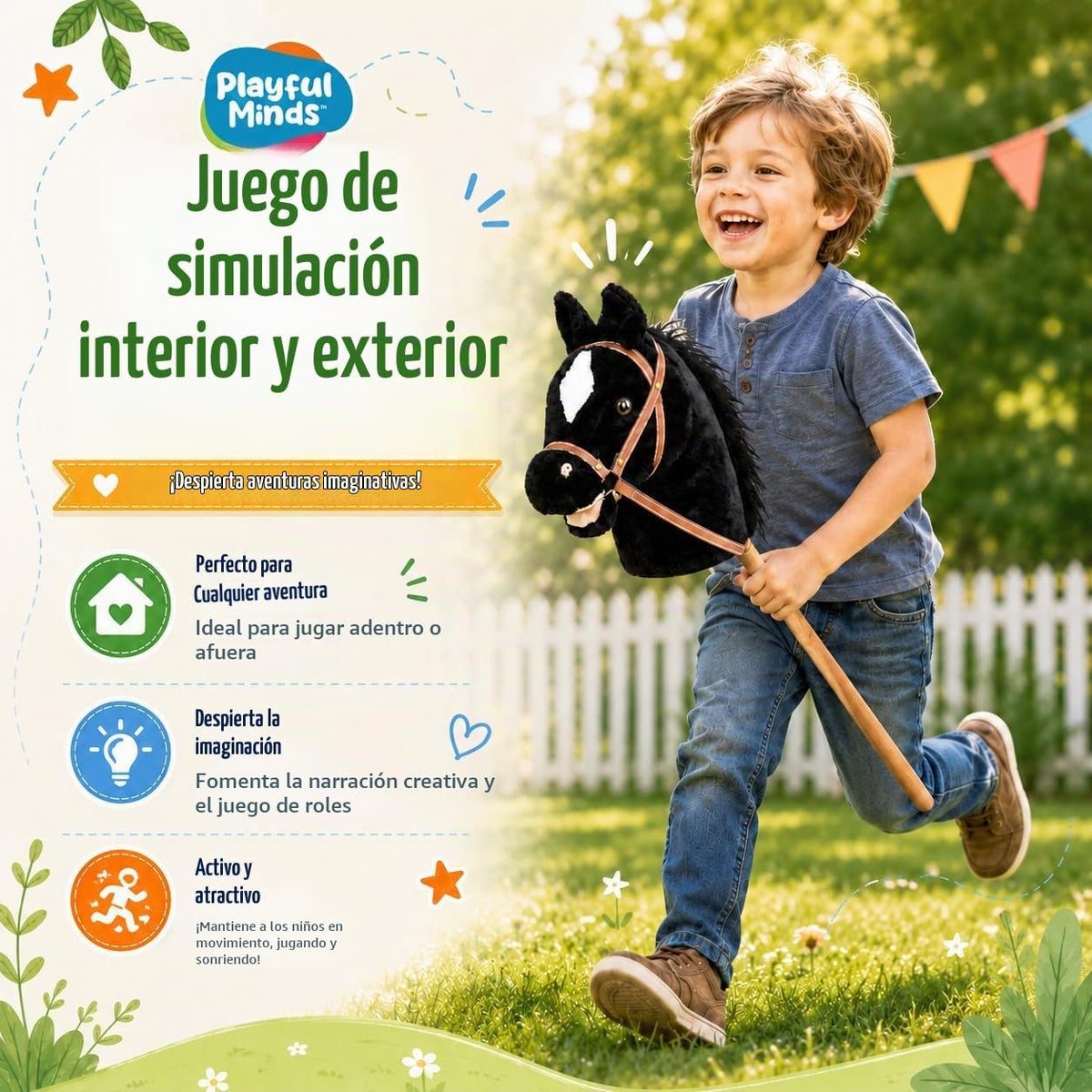 Nature Bound Caballo de palo | Caballo en un palo con efectos de sonido – Poni de peluche hecho a mano para niños pequeños y niños | Mango de madera resistente cosido a mano | Juguete de caballo de juego de simulación (negro)