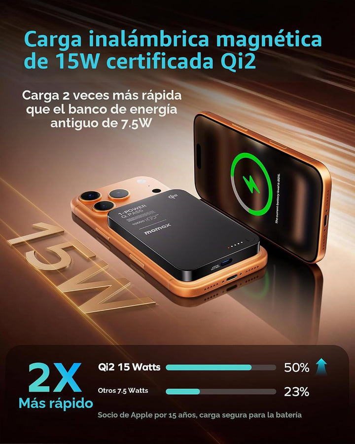 MOMAX Cargador portátil Q.Pass, 10000 mAh Slim Power Bank Qi2 certi...