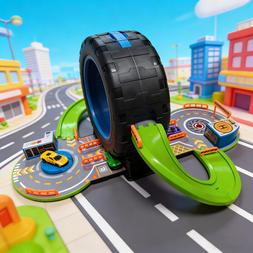 Juego de juguetes de garaje a escala 1:64, 4 autos de metal, señal de tráfico 17, estacionamiento, estación de servicio, estación de mantenimiento, rampas desmontables, ideal para jugar en