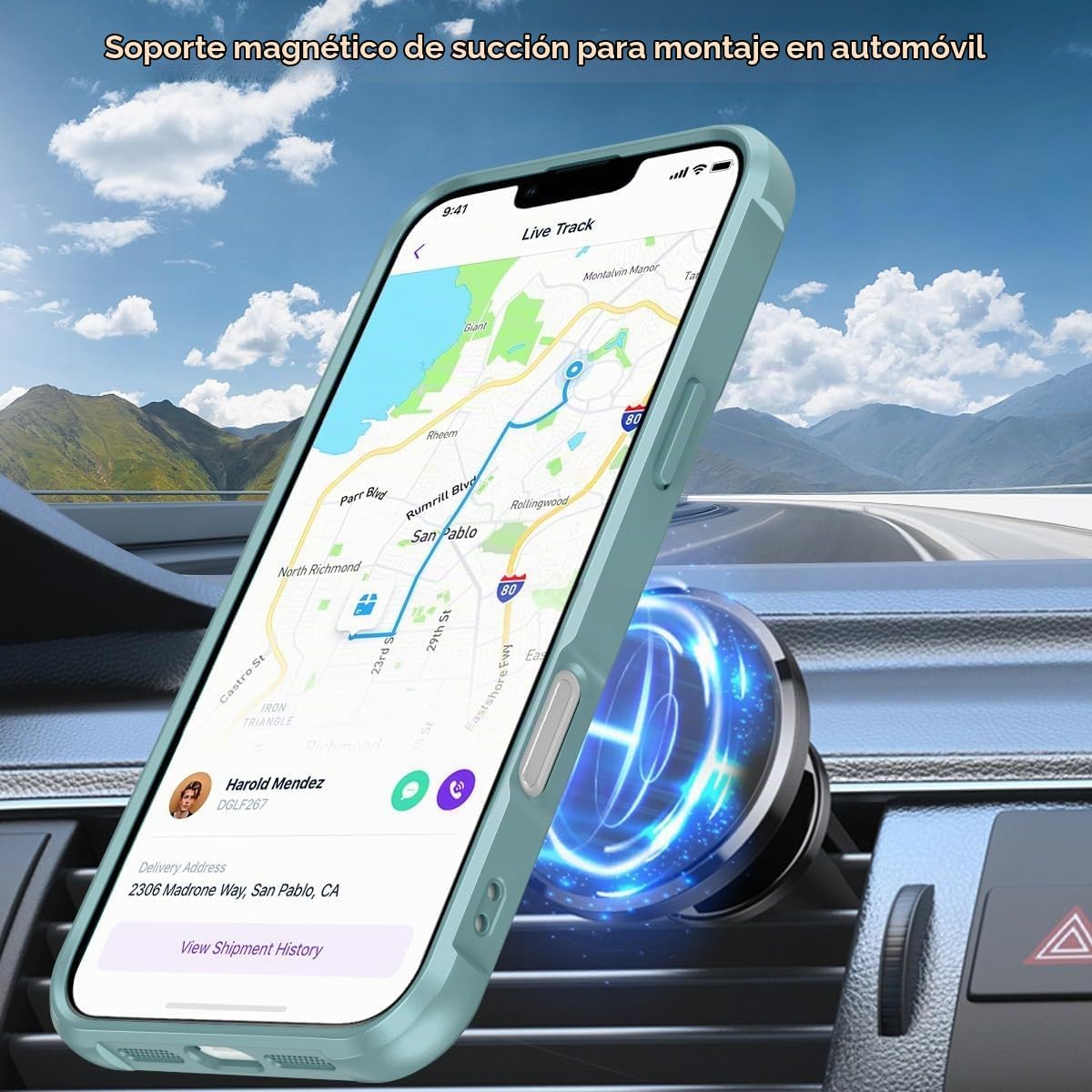 Funda magnética compatible con iPhone 16 Pro con soporte, prueba de caídas de grado militar, compatible con imán, anillo translúcido, parte trasera dura, borde suave, verde azulado