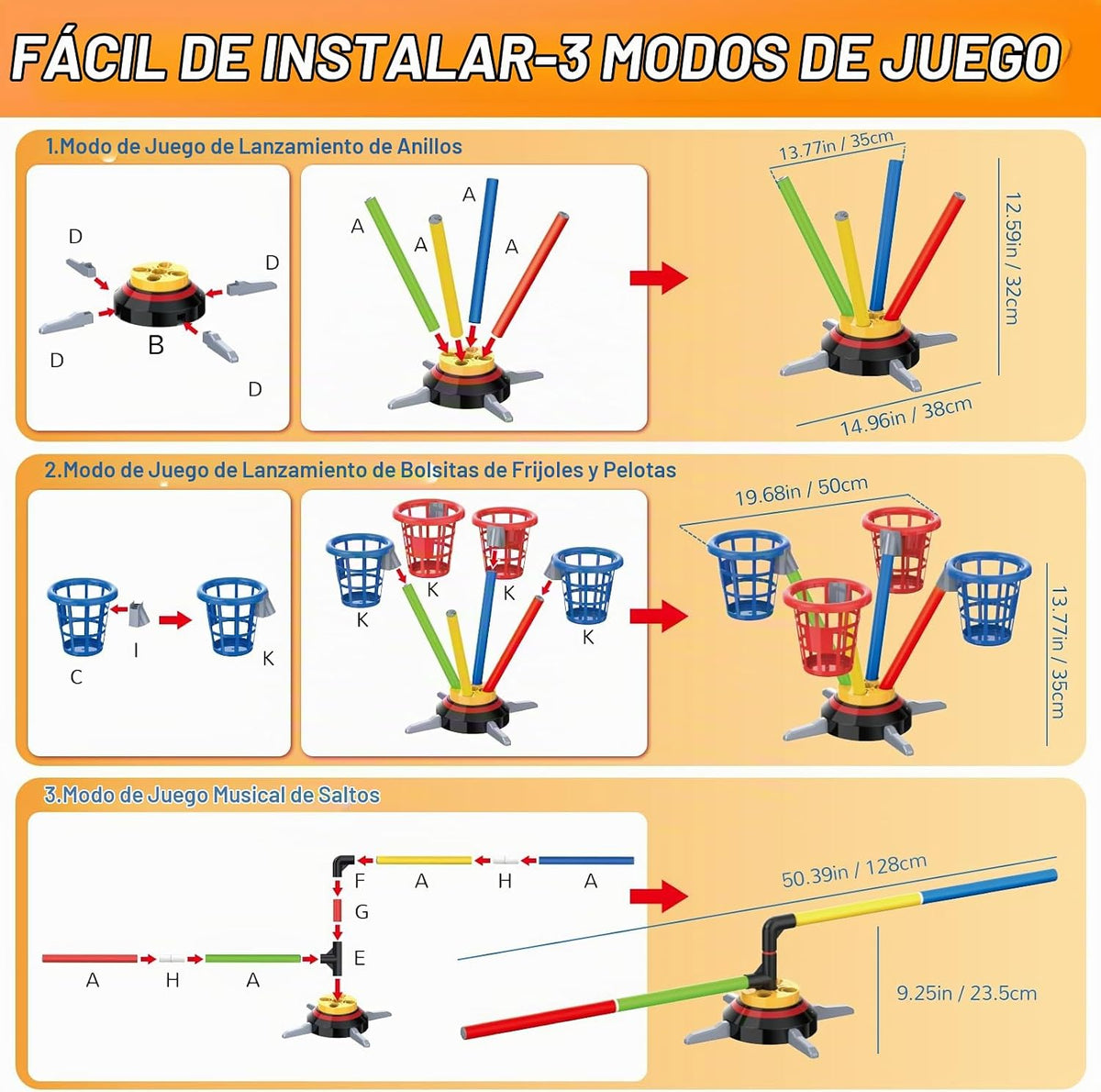 VATOS - Juego de puf y lanzamiento de anillos 3 en 1, juguete de salto musical para niños