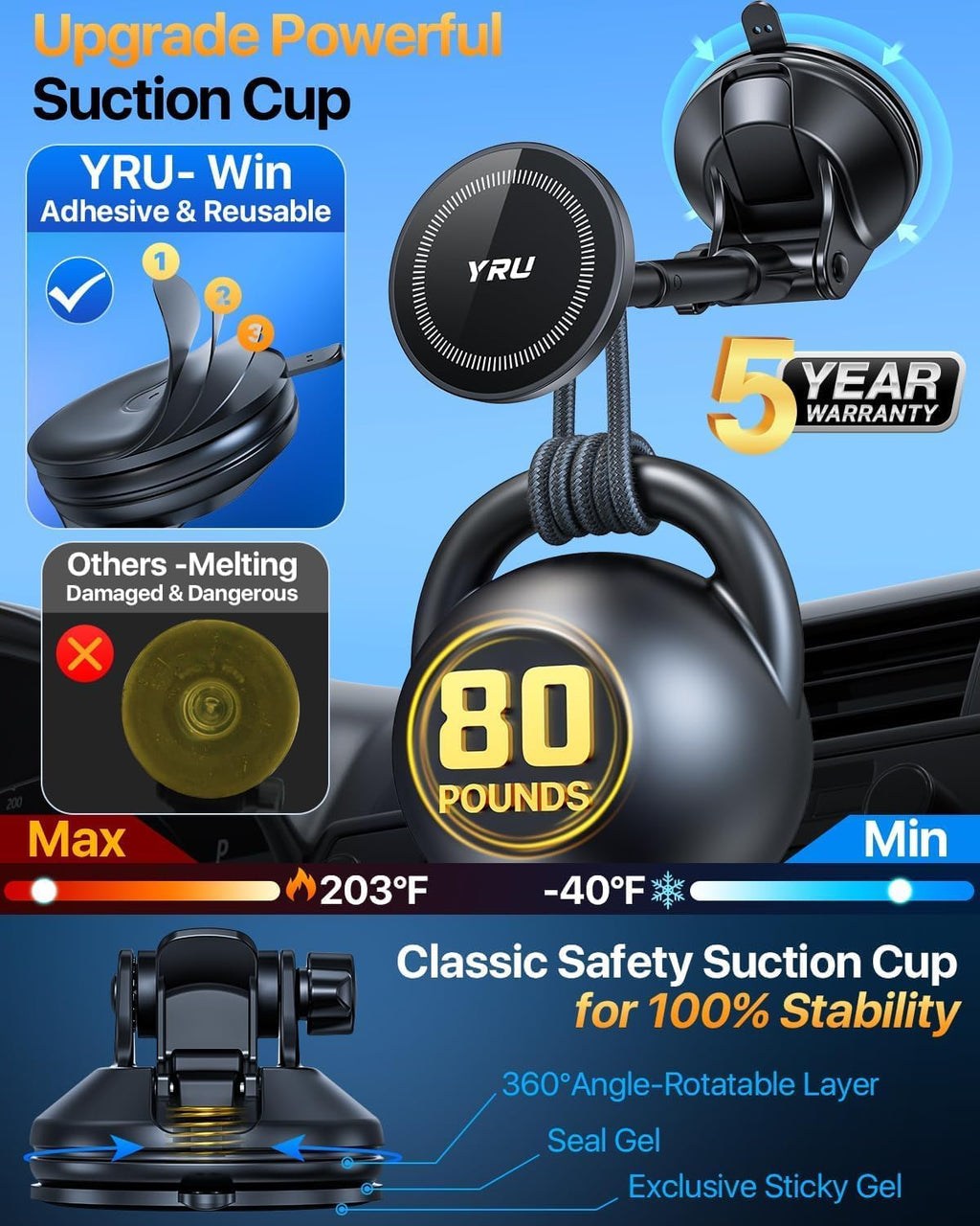 YRU Upgrade【80+LB Super Suction】Soporte magnético para teléfono para