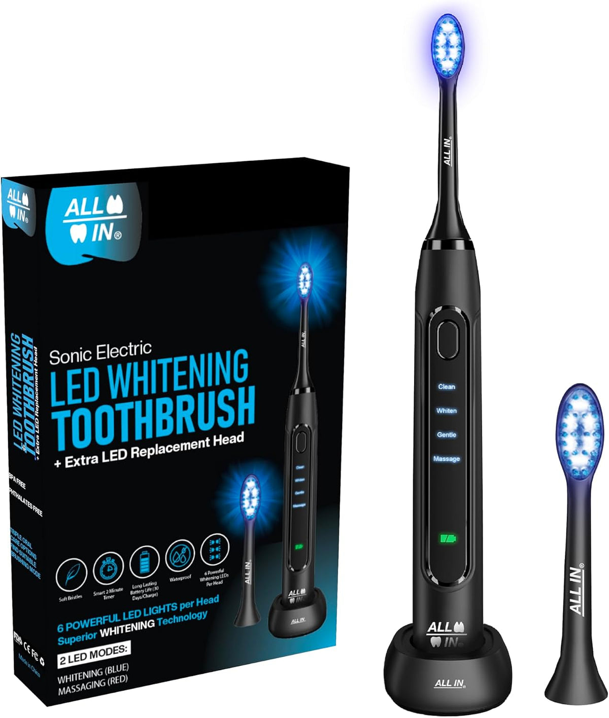 ALL IN - Cepillo de dientes eléctrico sónico LED para adultos, luz LED azul + roja, 4 modos, cerdas suaves, temporizador de 2 minutos, sin BPA