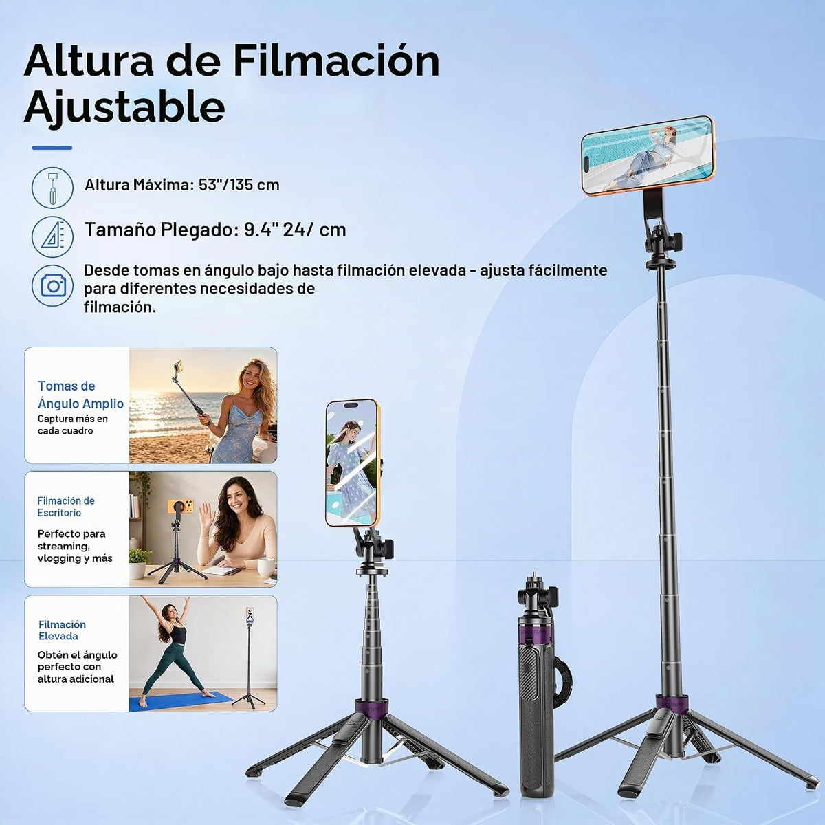 Trípode magnético para selfie de 53", base de 4 patas, montaje de 1