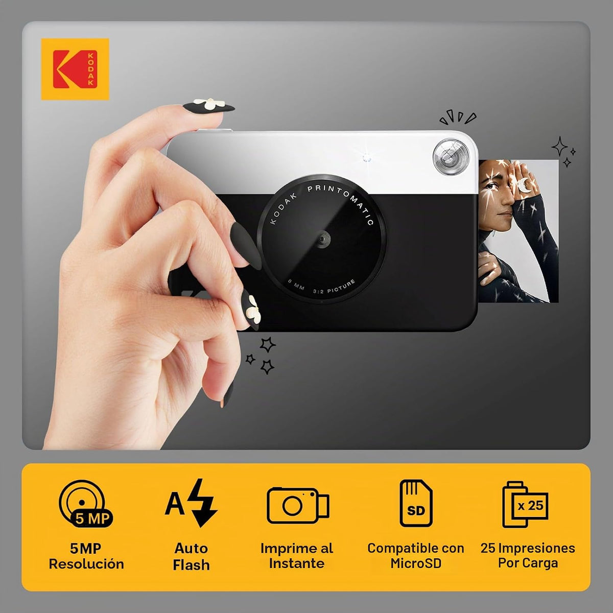 KODAK Printomatic - Cámara digital de impresión instantánea a todo color, Zink de 2 x 3 pulgadas (5.1x7.5 cm), papel fotográfico con parte trasera adhesiva, 5 MP, portátil