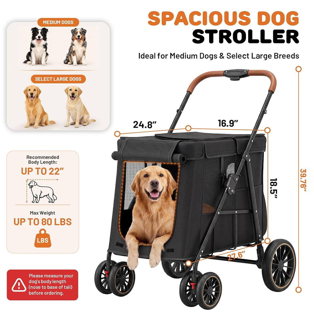 Cochecito para perros medianos y razas grandes, cochecito plegable para mascotas múltiples de hasta 80 libras, barras de soporte de acero al carbono dual, ruedas todo terreno, portavasos y bolsillo de