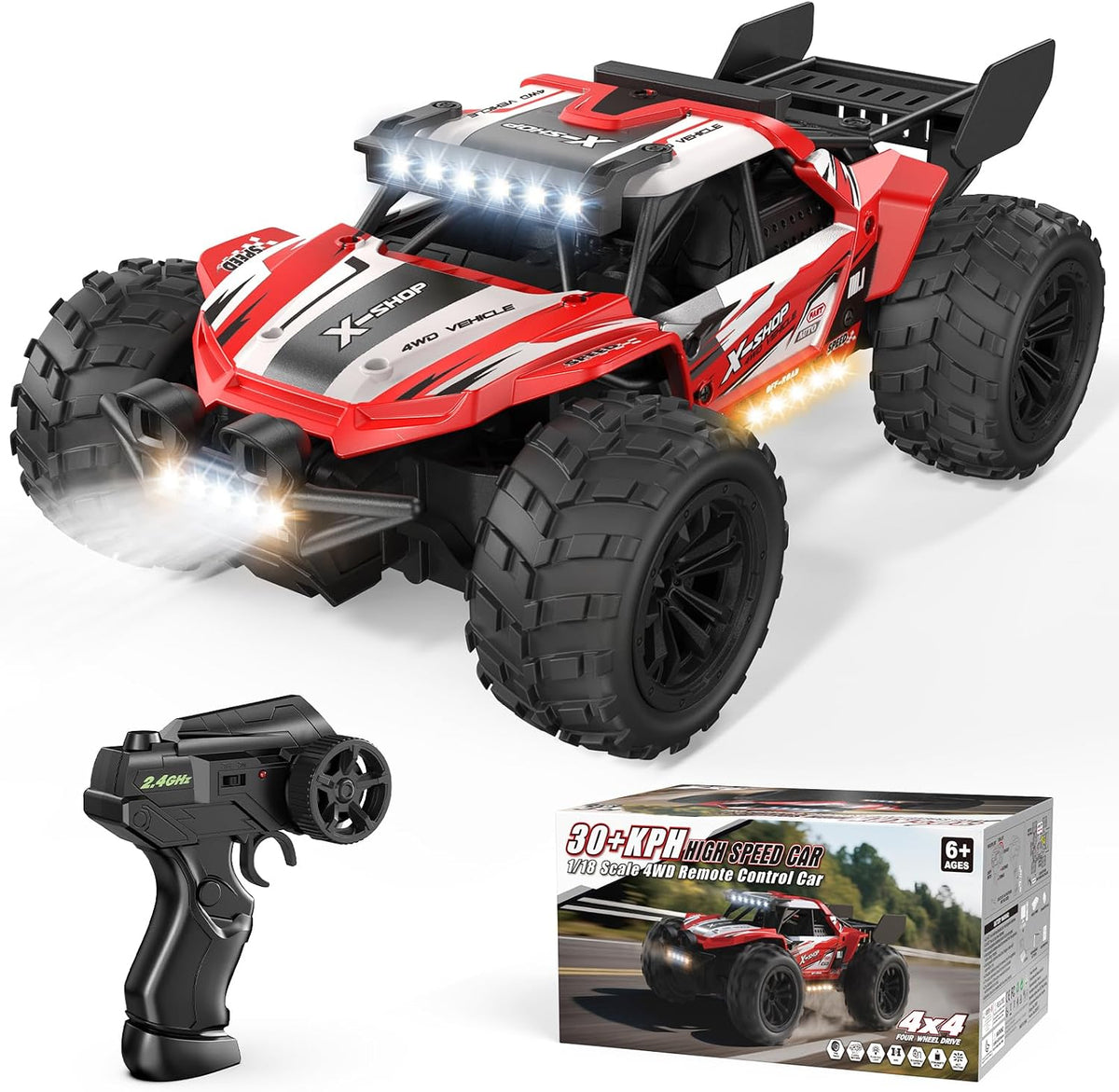 Auto de control remoto, 4WD de alta velocidad 30+KPH RC Cars para niños de 8 a 12 años, 2.4 GHz, camión RC Monster Truck 1:18 con 2 baterías recargables y luces LED, regalos de cumpleaños para