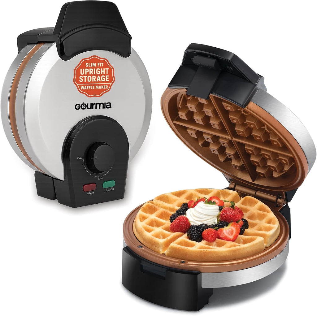 Gourmia - Máquina de waffles belga con control de tostado ajustable, placas antiadherentes, luces indicadoras de lista y potencia, almacenamiento vertical compacto, asa de tacto frío