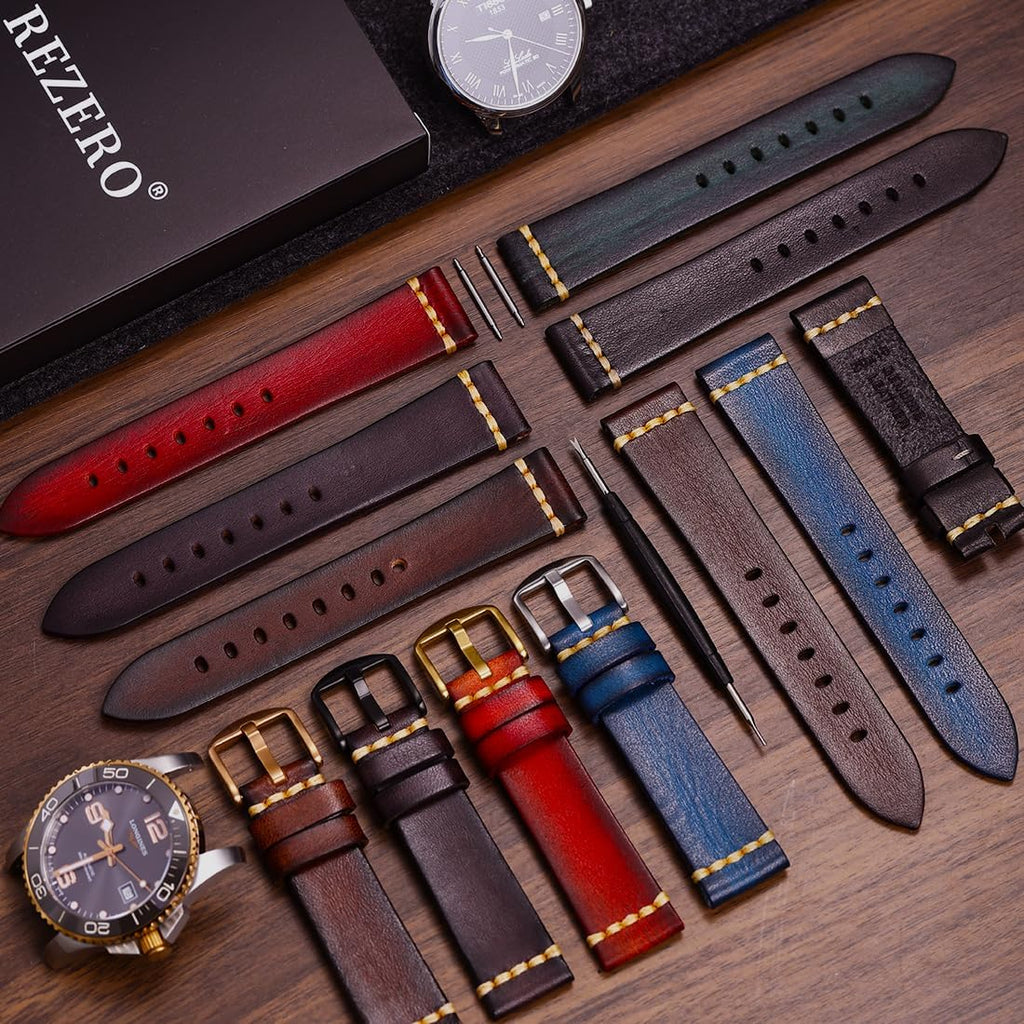 Maikes - Extensible de reloj de piel auténtica hecha a mano, 18 mm/1.8 cm de ancho, 19 mm/1.9 cm, 20 mm/2 cm, 22 mm/2.2 cm, 23 mm/2.3 cm, 24 mm/2.4 cm, 26 mm/2.6 cm, extensible de reloj inteligente para hombres y mujeres., Hebilla azul + plata.