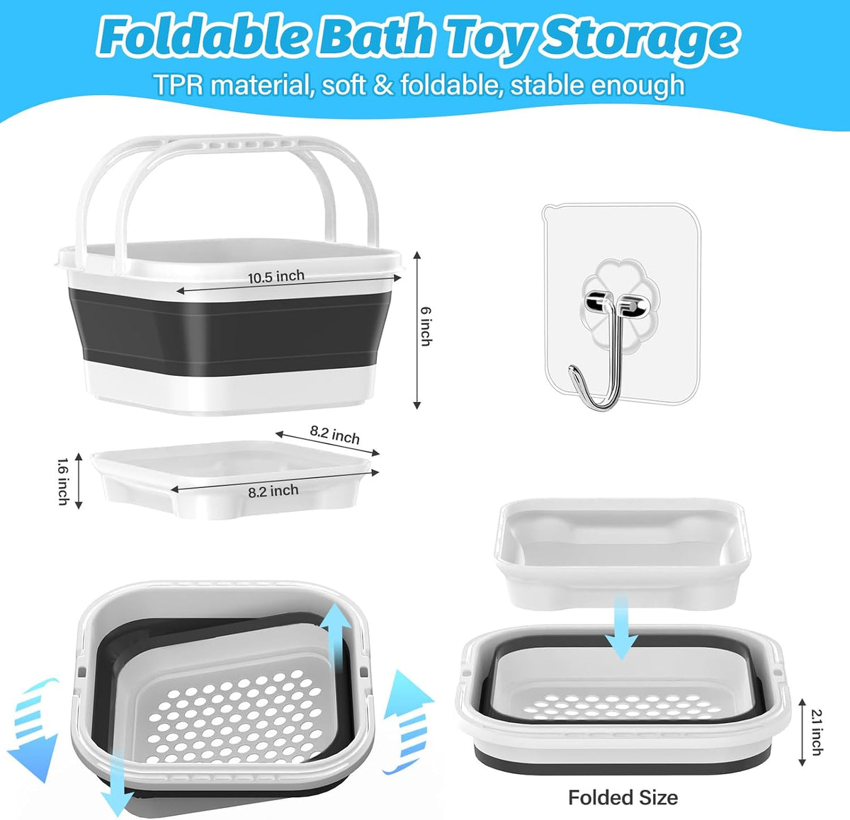 Anivia Organizador de almacenamiento de juguetes de baño plegable, soporte de juguetes de baño con base removible, almacenamiento/cesta de juguetes de bañera de secado rápido, soporte de juguetes de