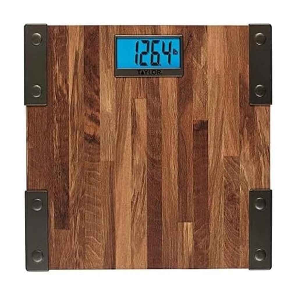 Taylor Báscula digital para peso corporal, capacidad extra alta y precisa de 440 libras, LCD azul único, aspecto de granja, encendido y apagado automático, 12.4 x 12.4 pulgadas, marrón