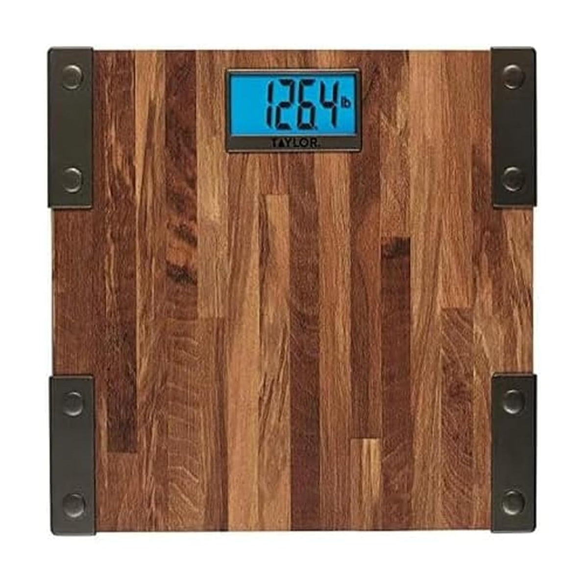 Taylor Báscula digital para peso corporal, capacidad extra alta y precisa de 440 libras, LCD azul único, aspecto de granja, encendido y apagado automático, 12.4 x 12.4 pulgadas, marrón