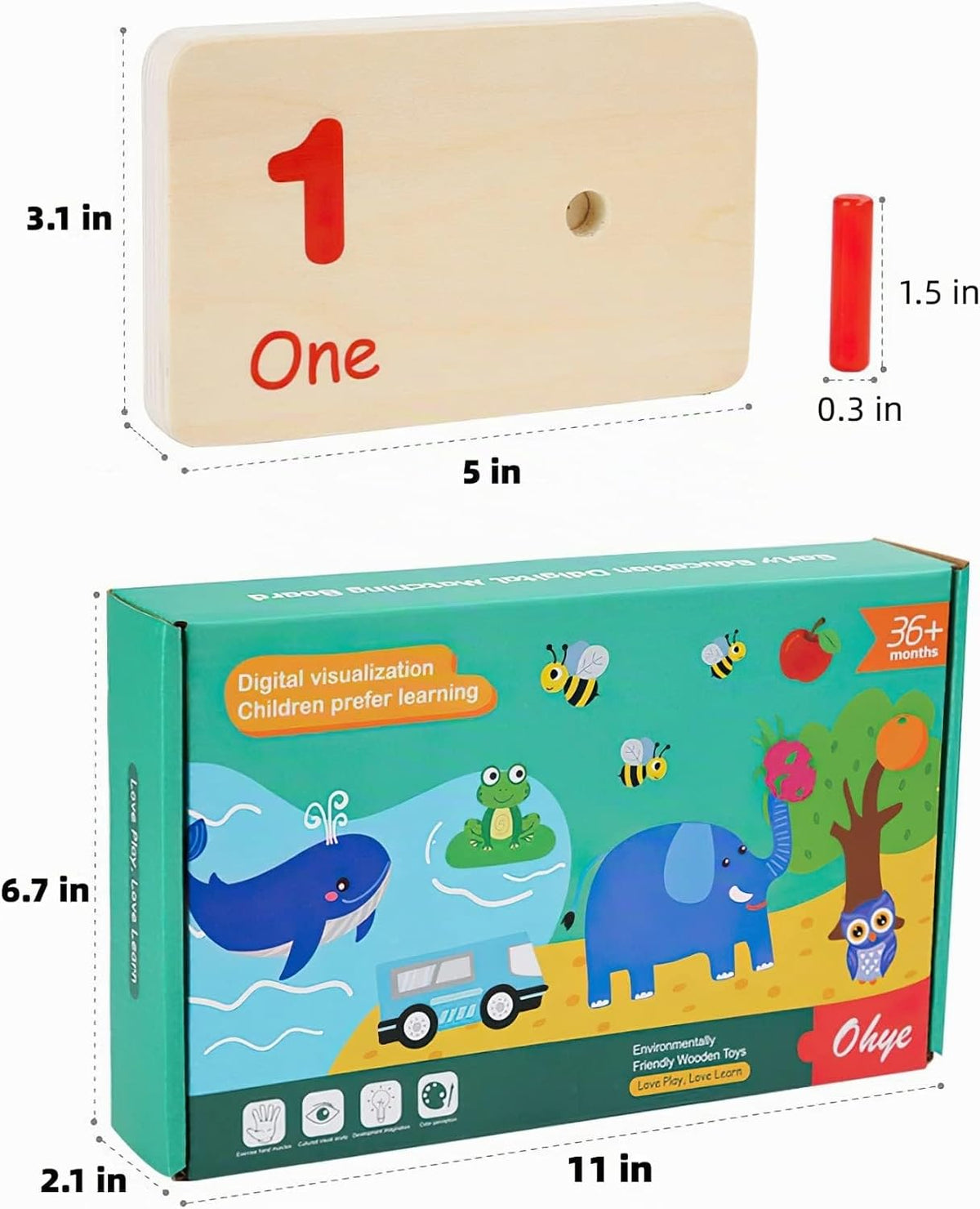 Montessori Bloques de conteo de números, juguetes de tablero de clavijas, materiales de manipulación matemática de madera para preescolar, juguete de aprendizaje Montessori para niños de jardín de infantes (clavija colorida)