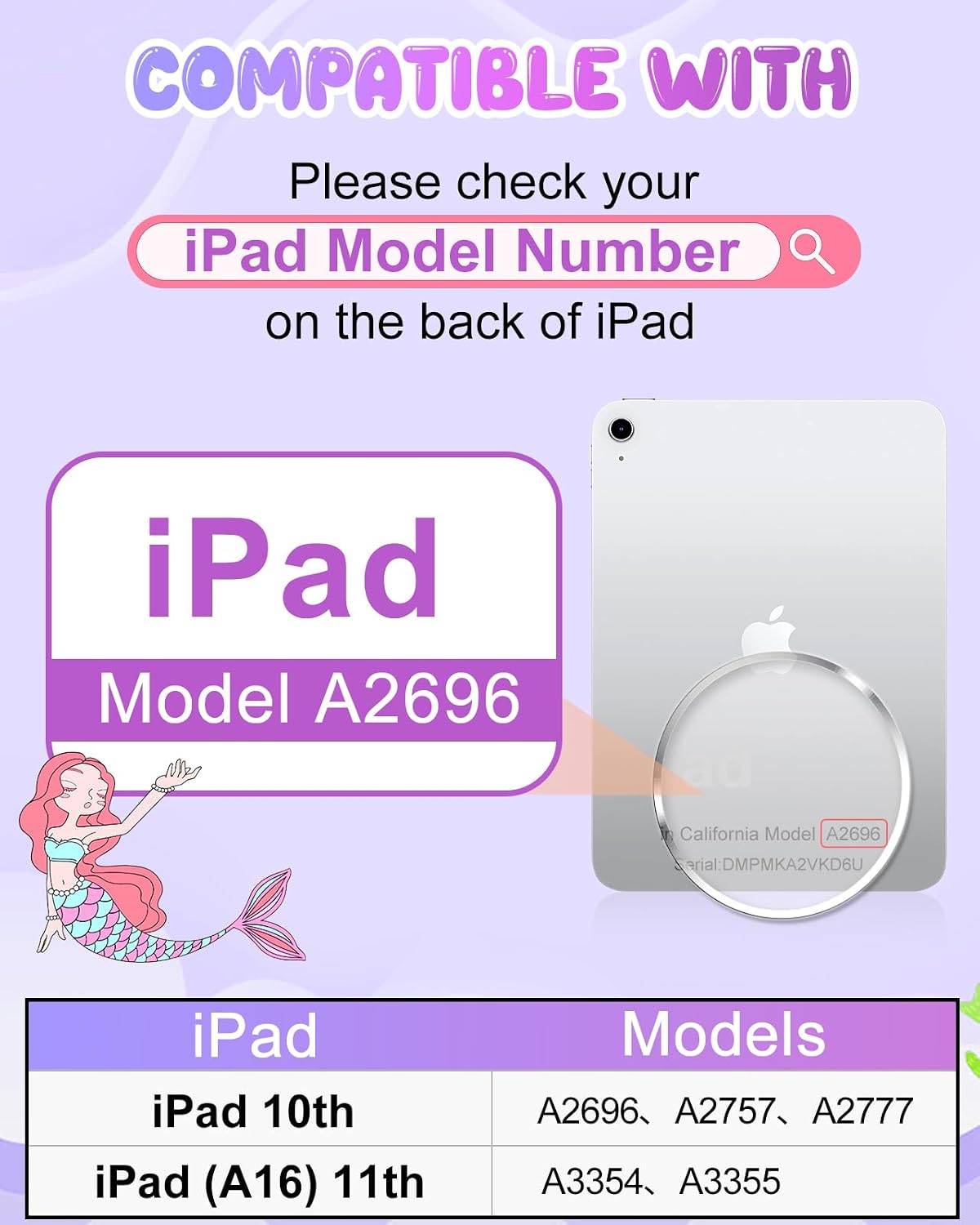Boaretiu para iPad A16 Funda/Funda de 10ª Generación - Linda Funda de Tablet de 10.9 Pulgadas 2022 para Niñas y Adolescentes con Diseño de Sirenas Púrpuras de Dibujos Animados y Soporte Giratoria de