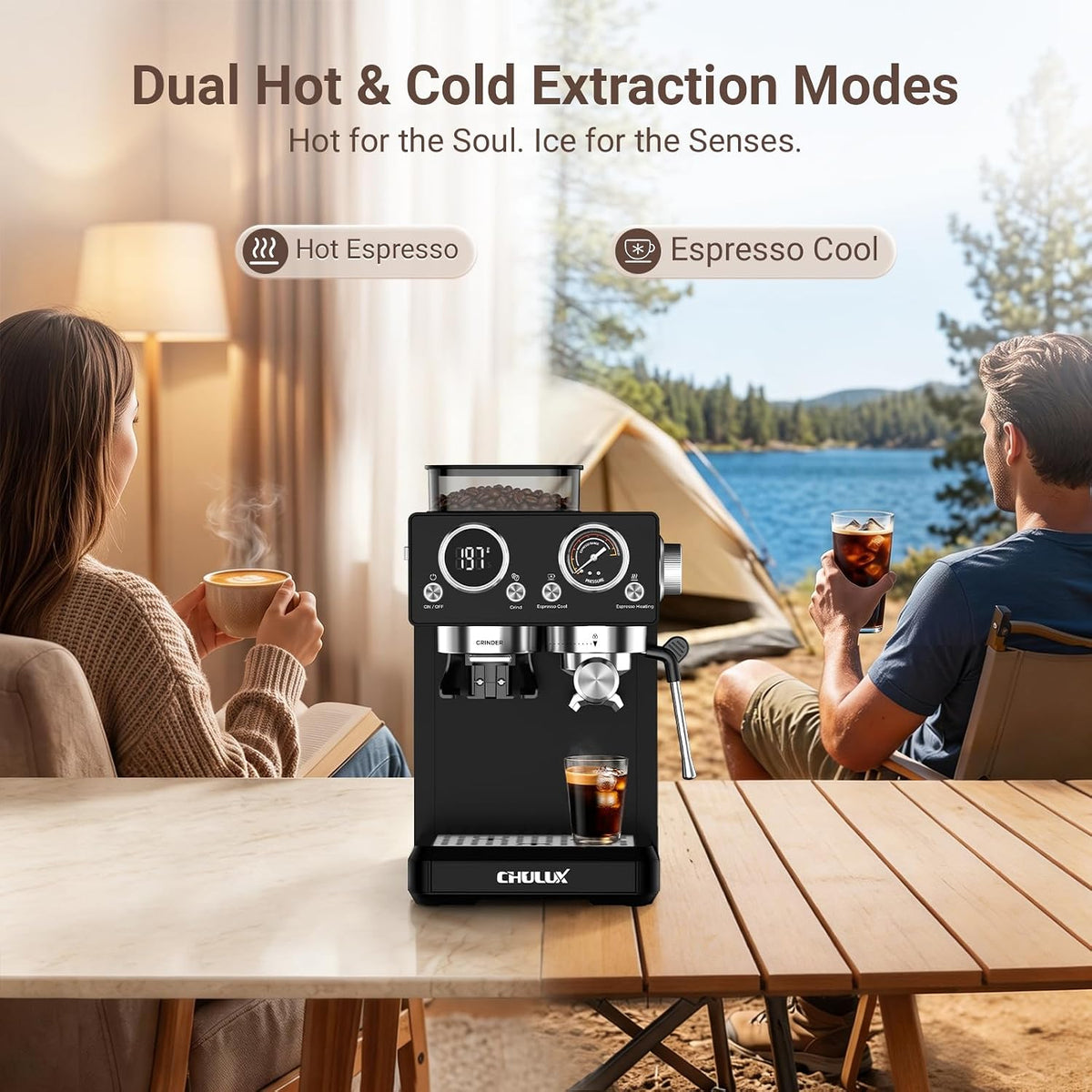 CHULUX Cafetera compacta con molinillo de café con rebabas para café con