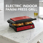 OVENTE Parrilla eléctrica de prensa Panini para interiores + sandwichera, color rojo GP0620R