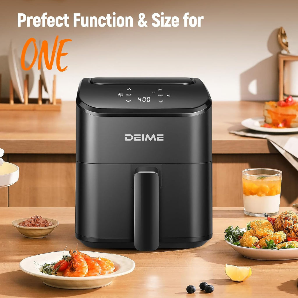 DEIME Freidora de aire, pequeña freidora digital de 3 cuartos de galón, compacta, para hornear, recalentar, asar para comidas rápidas y fáciles, mini cesta compacta y silenciosa, antiadherente y apta para lavavajillas (negro)