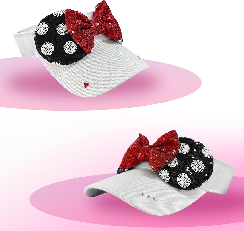 Sombrero brillante con visera de orejas de ratón para mujeres adultas, gorra ajustable con lazo de orejas de ratón de lentejuelas, lindo sombrero de visera con purpurina para parques temáticos y festivales, color blanco
