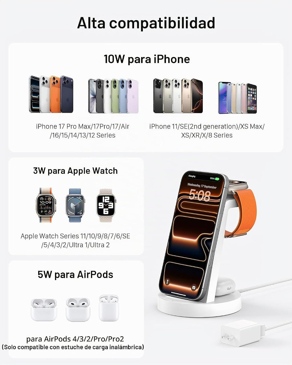 Anlmz Estación de carga 3 en 1 - Cargador inalámbrico para múltiples
