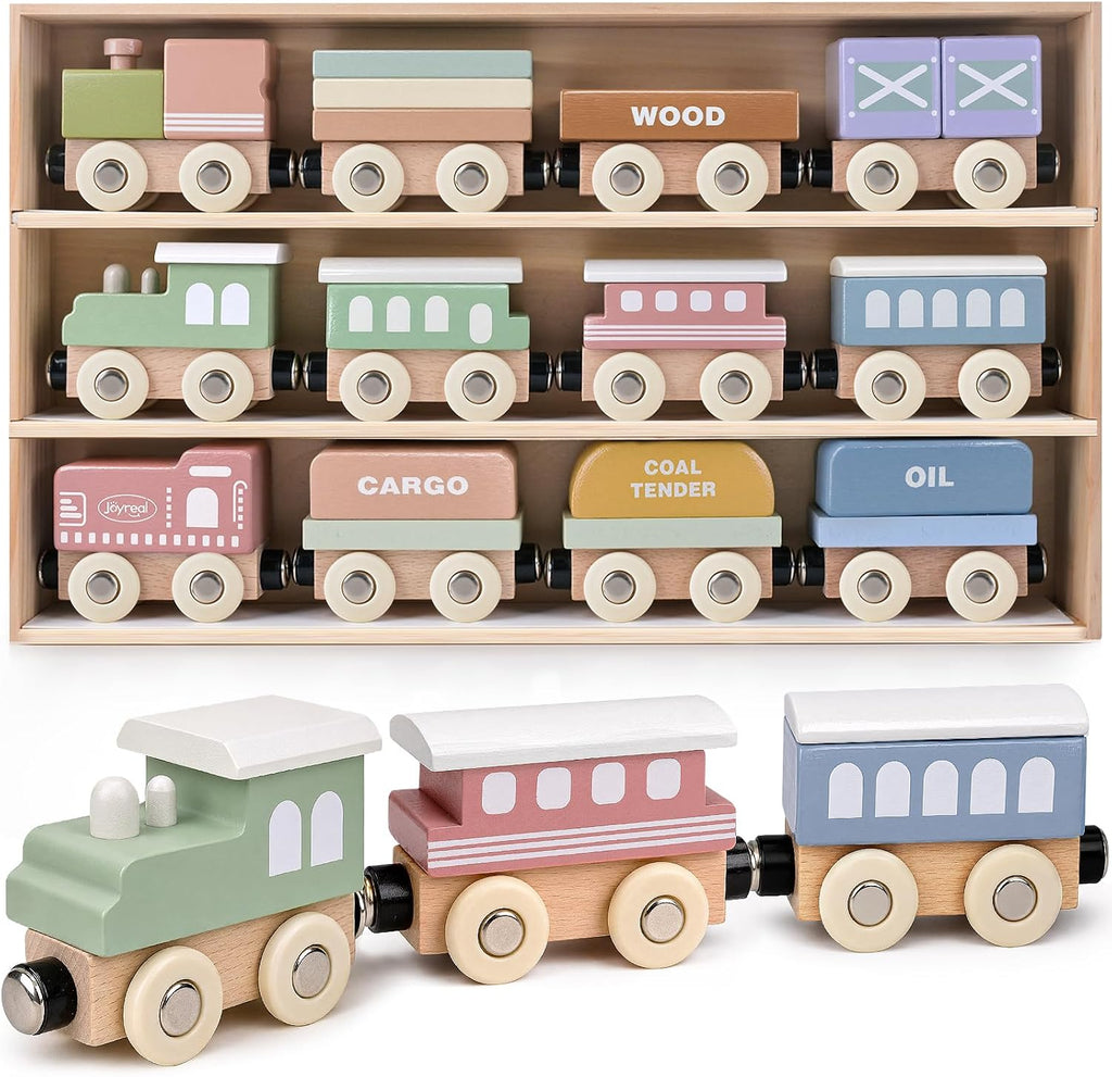 Juego de tren de madera para niños pequeños, 12 vagones magnéticos Montessori con caja de regalo de almacenamiento, compatible con las principales marcas, juguete de bloques apilables de madera para