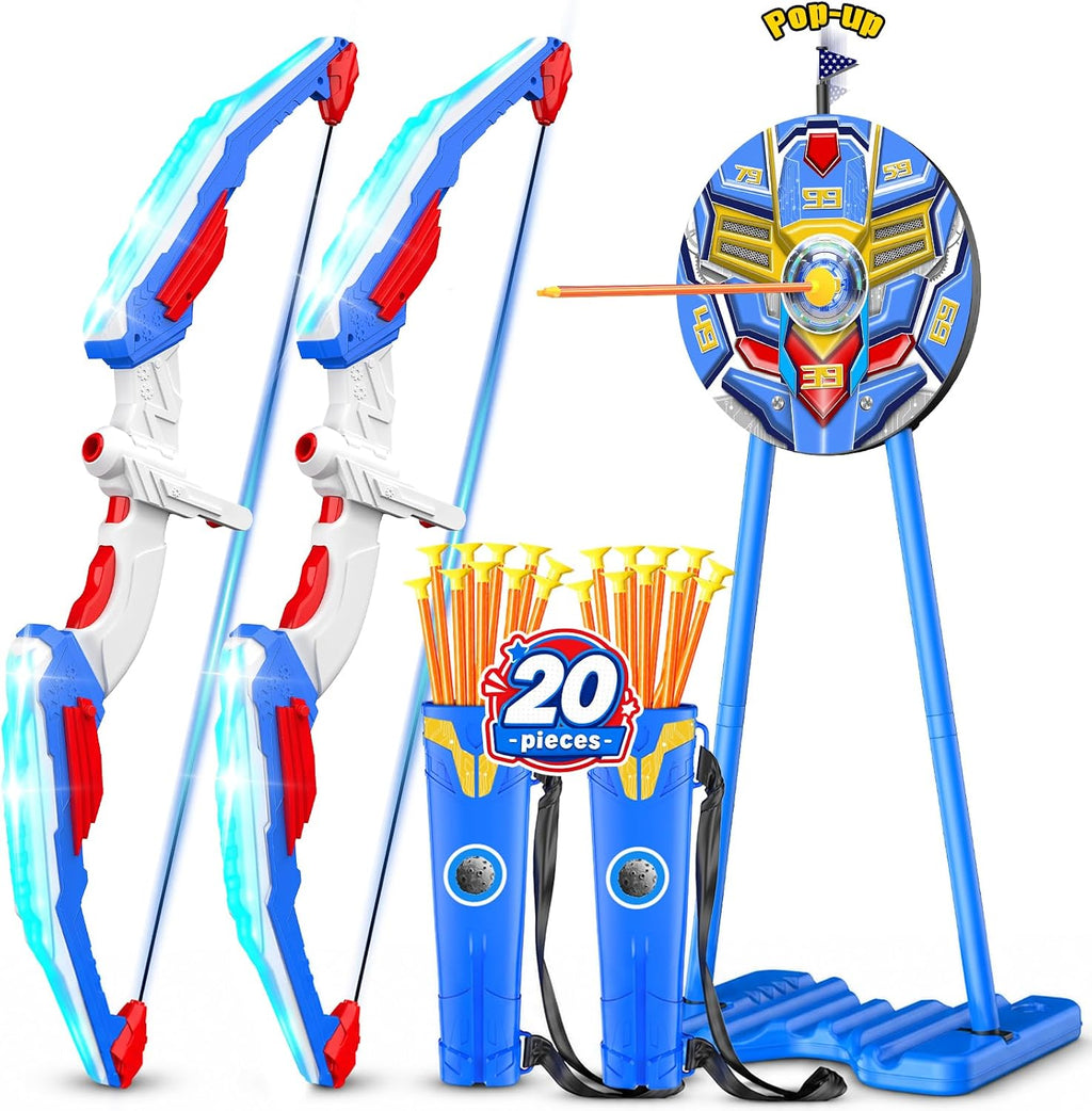 Paquete de 2 juguetes de arco y flecha para niños, con luz LED, con 20 flechas de ventosa, objetivo de pie y funda de flecha, juguetes para interiores y exteriores, regalos de cumpleaños para niños de