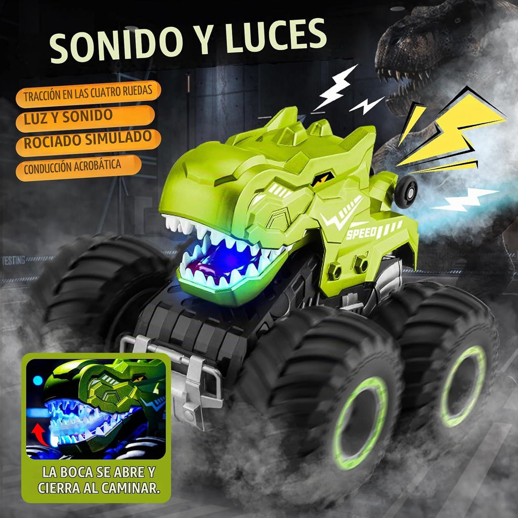 pinkking Monster Truck Toys - Camión de dinosaurio a control remoto con luces, sonido y aerosol, camión RC 1:18 con giros de 360° y derrape, vehículo de control remoto 4WD con carga USB Type-C para niños