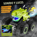 pinkking Monster Truck Toys - Camión de dinosaurio a control remoto con luces, sonido y aerosol, camión RC 1:18 con giros de 360° y derrape, vehículo de control remoto 4WD con carga USB Type-C para niños