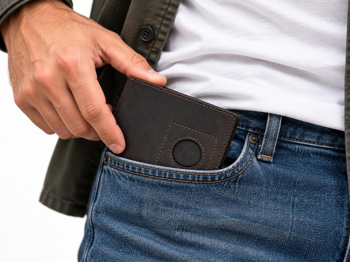 Cartera Bifold de Cuero para Hombres, Bloqueo RFID, Ranura para Tracker (Café Vintage)