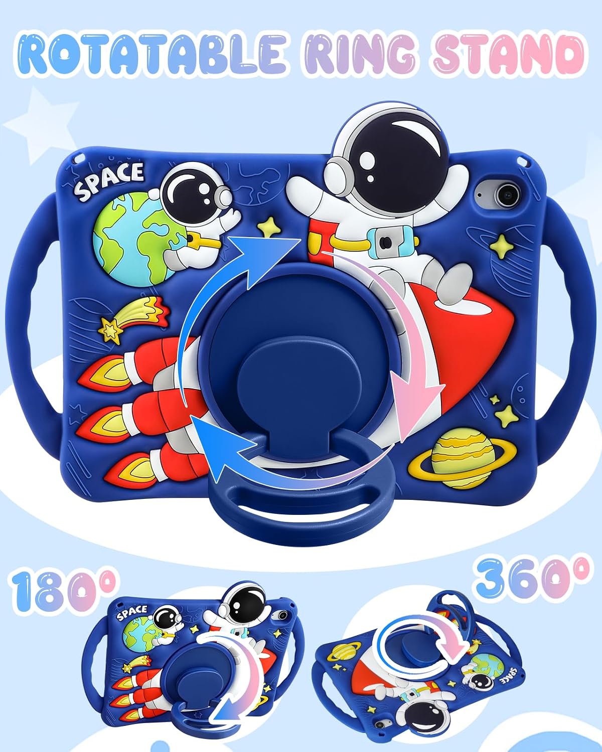 Boaretiu - Funda para iPad A16/10ª generación, diseño de astronauta de dibujos animados con correa y soporte giratorio y asa para niños, niñas, adolescentes, silicona 3D para iPad A16 de 11ª