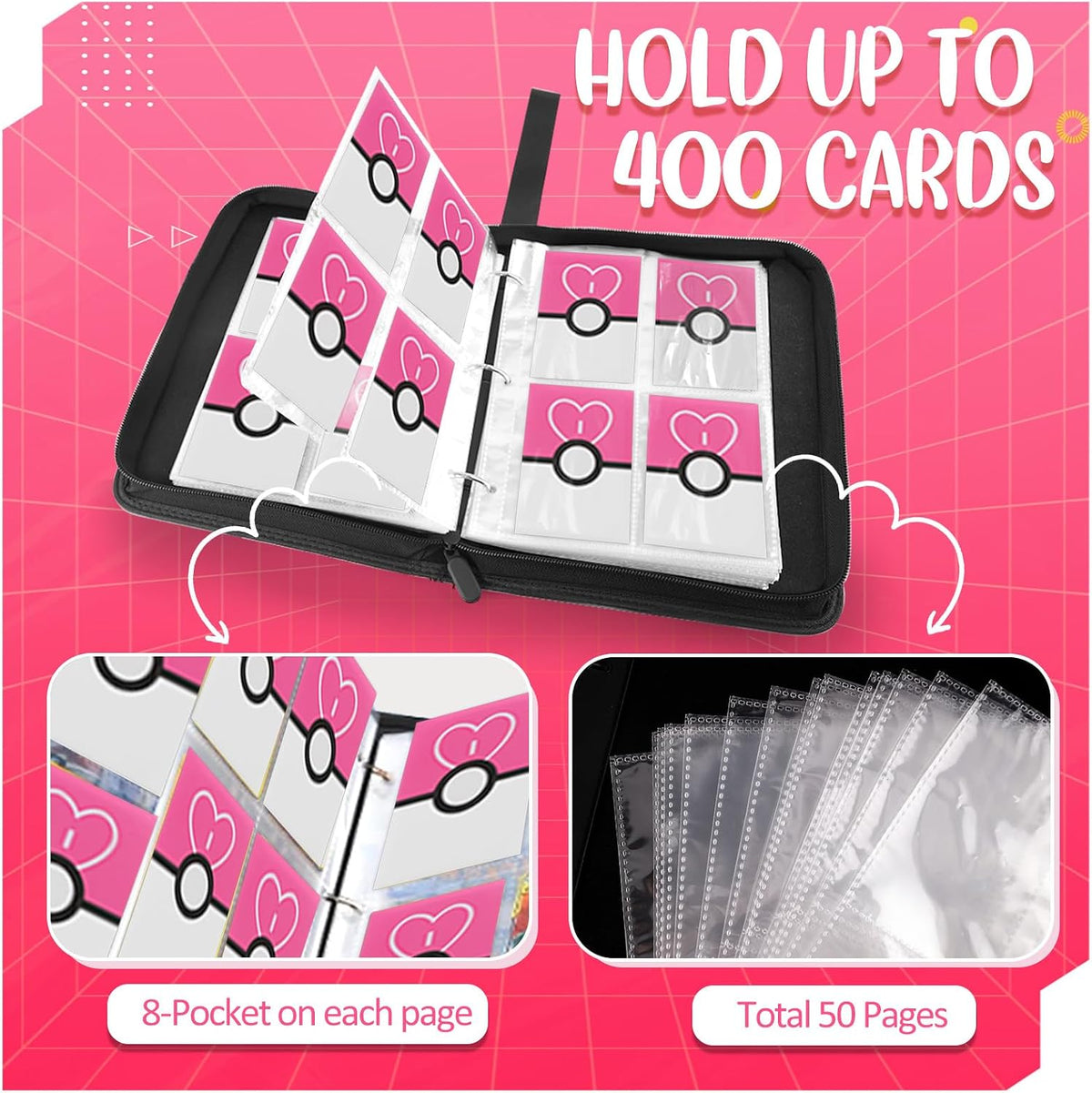 Carpeta de tarjetas de 4 bolsillos, soporte para tarjetas intercambiables para 400 tarjetas con 50 fundas extraíbles, tarjeta de colección portátil, estuche de tarjetas de juego con cremallera para regalo, color rosa