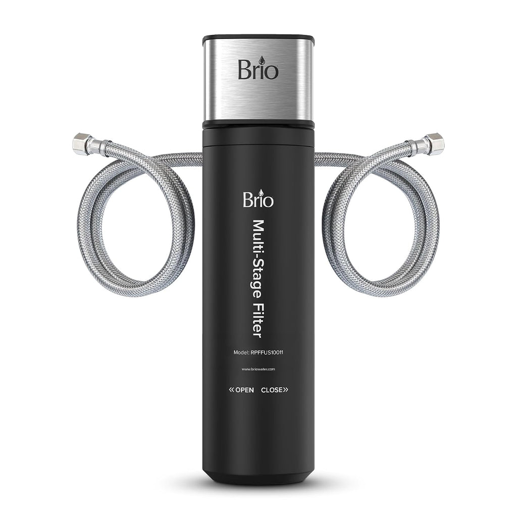 Brio Sistema de filtro de agua para debajo del fregadero de 11 pulgadas para grifo de cocina y baño, carcasa única de 3 etapas, filtros de 0.5 micrones PFAS, cloro, plomo, mercurio + | 10,000 galones o 2 años | Certificado NSF 42 y 372